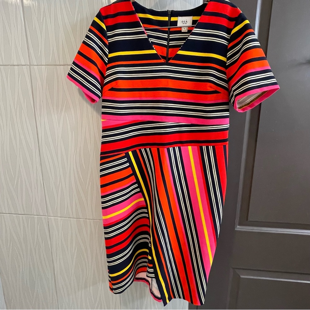 Orange, Navy, Yellow, Pink, White Stripped knit zip up dress.